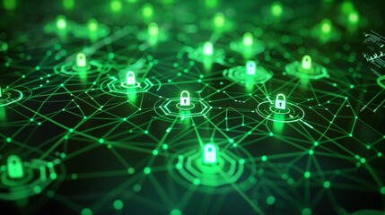 An abstract illustration of a green, interconnected network with lock icons, illustrating the concept of secure and environmentally-friendly connectivity.