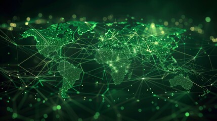 An imaginative illustration of a green map of the world with network lines connecting major cities, highlighting the global reach of sustainable practices.