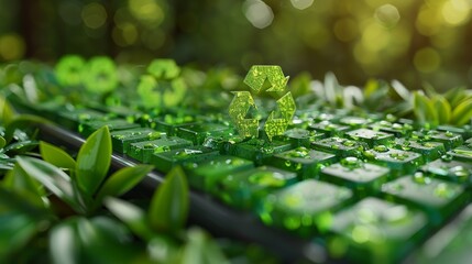 A vibrant illustration of a green keyboard with eco-friendly symbols on the keys, representing sustainability and environmental awareness.