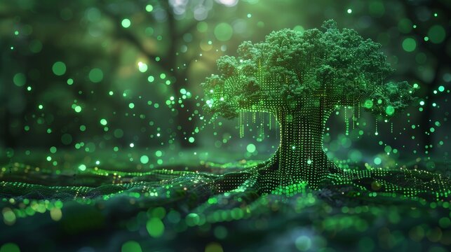 An abstract illustration of green binary code forming the shape of a tree, symbolizing eco-friendly digital data.