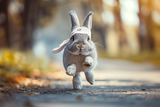 Rabbit running in the park on a sunny day