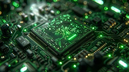 Obraz premium A futuristic illustration of a green computer chip with artistic embellishments, representing the intersection of hardware technology and creativity.
