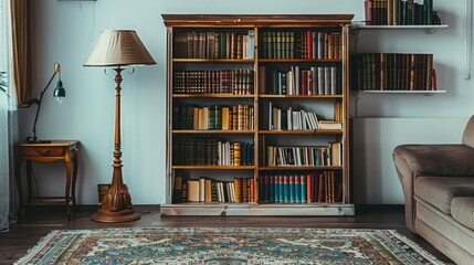 A home bookshelf with a lamp and a rug is located against a white wall