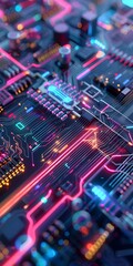 Obraz premium A close-up of a circuit board with neon-lit pathways and components, featuring bright colors and intricate patterns, creating a futuristic and vibrant aesthetic.