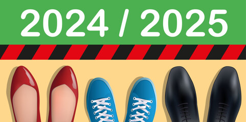 Concept de la rentrée des classes de 2025, avec pour symbole, les chaussures vues du dessus de deux parent et d’un élève devant la ligne de départ.