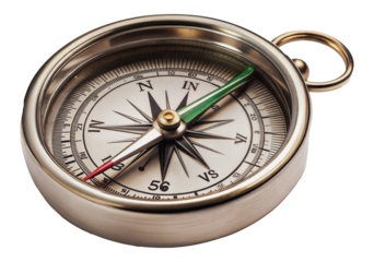 A classic round compass with red, green, and silver needle, cut out - stock png.