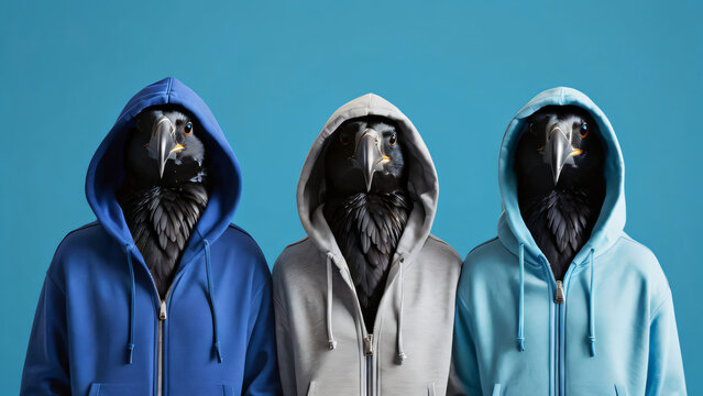 three crows wearing hoodies against a blue background