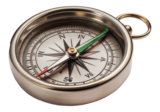 A classic round compass with red, green, and silver needle, cut out - stock png.