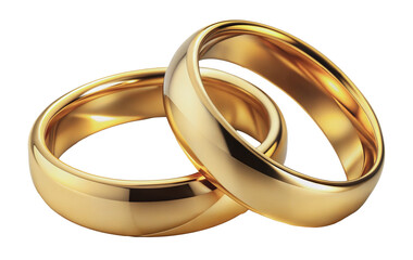 Two shiny gold wedding bands laying intertwined, cut out - stock png.