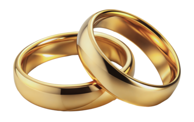 Two shiny gold wedding bands laying intertwined, cut out - stock png.