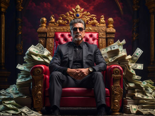 An older man sits on a throne surrounded by tons of banknotes