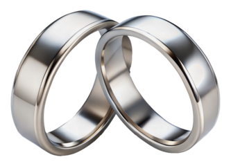 Two shiny silver wedding bands interlocked, cut out - stock png.