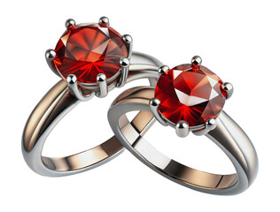 Two silver rings with red gemstones, cut out - stock png.