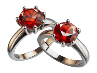 Two silver rings with red gemstones, cut out - stock png.