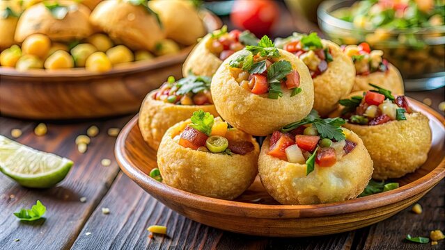 A close-up shot of a mouth-watering Pani Puri street food snack , Indian, cuisine, chatpata, chaat, spicy, delicious