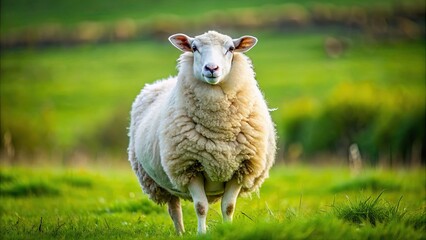 Obraz premium A fluffy white sheep standing in a green field, sheep, animal, farm, wool, livestock, cute, agriculture, rural, grazing