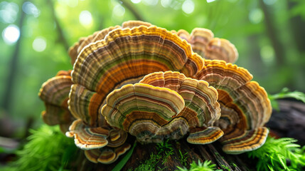 A close shot of organic arachnid mushrooms growing naturally in the forest, showing their distinctive shape and intense colors.