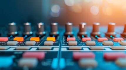 Obraz premium Detailed view of an audio mixing console with various knobs and buttons, highlighting the equipment used in sound engineering.