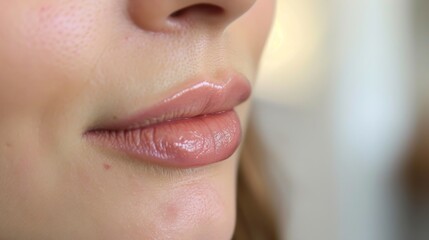 Beautiful young model face lips Close-up. Lip augmentation, woman makes lip shape correction