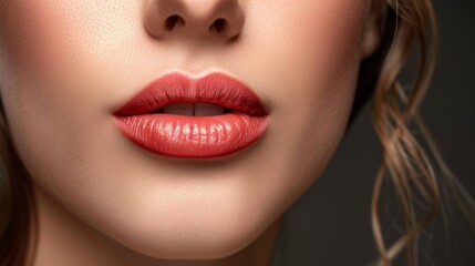 Fototapeta premium Beautiful young model face lips Close-up. Lip augmentation, woman makes lip shape correction