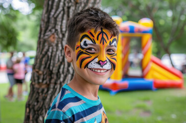 A young boy with face painting of tiger, posing for photo at park during birthday party