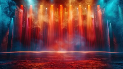 A vibrant theater stage illuminated by multiple spotlights emitting beams of blue and orange light with a smoky atmosphere.