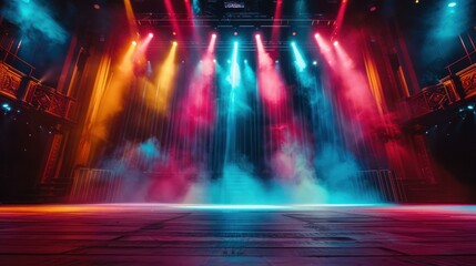 A vibrant theater stage illuminated by multiple colored spotlights in hues of red, blue, and orange, creating a dramatic and engaging atmosphere.