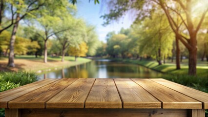 Naklejka premium Empty wooden deck table with park bokeh background.