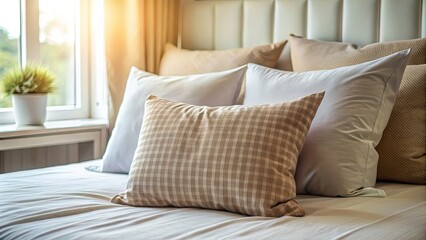 Fototapeta premium Soft pillow placed neatly on a cozy bed , home decor, bedroom, comfort, relaxation, bedding, interior design, cozy, sleep