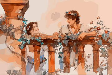 Juliet and Romeo in a moonlit balcony scene, whispering secrets, fearful of discovery, surrounded by ivy and Renaissance architecture, capturing the essence of Shakespearean forbidden love.