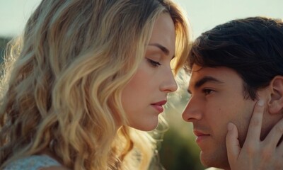 Fototapeta premium Beautiful young lovers couple man and woman look at each other. Real love concept. Generative AI
