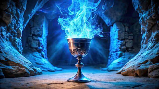 Vibrant blue flames emanating from a goblet in a dark mystical cavern filled with ancient artifacts, Mystical, Cavern