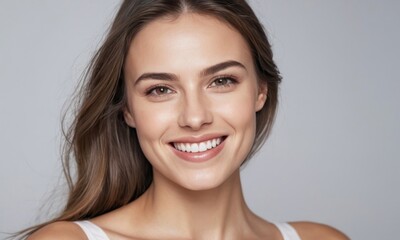 Naklejka premium Perfect healthy white teeth smile of a young woman. Dental health or healthy skin concept for dental clinic. Generative AI