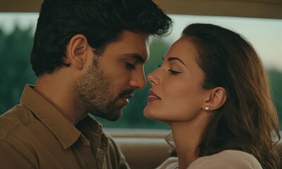 Naklejka premium Beautiful young lovers couple man and woman look at each other. Real love concept. Generative AI