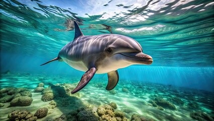 Fototapeta premium Dolphin swimming gracefully underwater on a reef, getting close to the viewer , marine life, underwater, dolphin, reef, ocean