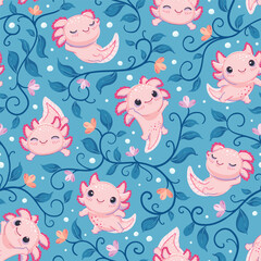 Seamless pattern with cute and happy baby axolotls and algae on a blue background. Repeated surface vector design.