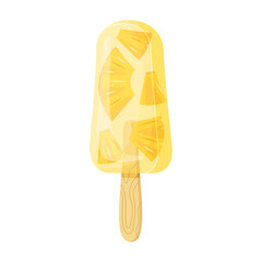 Yellow Pineapple Fruit ice cream on wooden stick. Colorful summer dessert Frozen juice with Fruit pieces Pineapple popsicle. Hand drawn flat style isolated summery appearance. Vector illustration