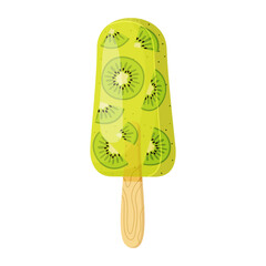 Kiwi fruit ice cream on wooden stick Colorful cold summer dessert, Frozen juice with berry pieces Kiwi popsicle Hand drawn flat style isolated cheerful and summery appearance. Vector illustration
