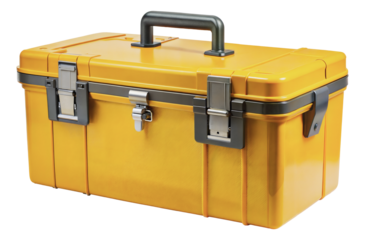 Yellow plastic tool box with handle and latches, cut out - stock png.