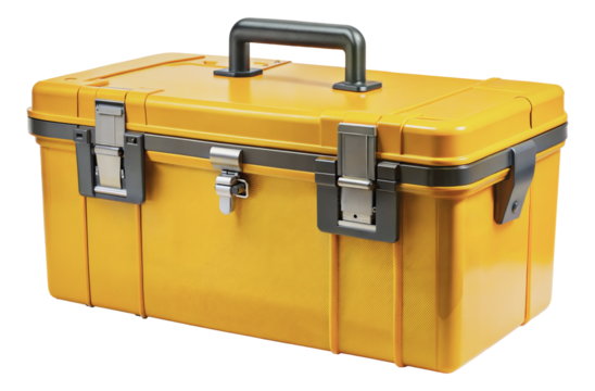 Yellow plastic tool box with handle and latches, cut out - stock png.