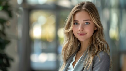 Obraz premium Young professional woman with blonde hair and blue eyes confidently smiling while standing in a modern office environment, showcasing a bright future