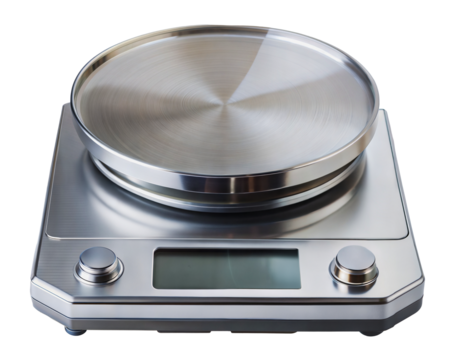 Stainless steel digital kitchen scale with large weighing platform, cut out - stock png.