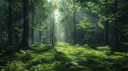 Fototapeta premium Sunlight shining through misty forest trees on lush green moss