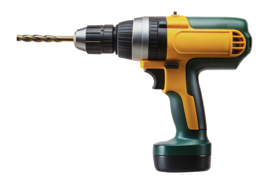 Green and yellow cordless drill with drill bit, cut out - stock png.