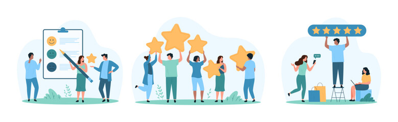 Customer feedback set. Tiny people hold five yellow stars to rate excellence quality of product and service, clients choose sad, happy and neutral emoticons in survey cartoon vector illustration © Iconic Prototype