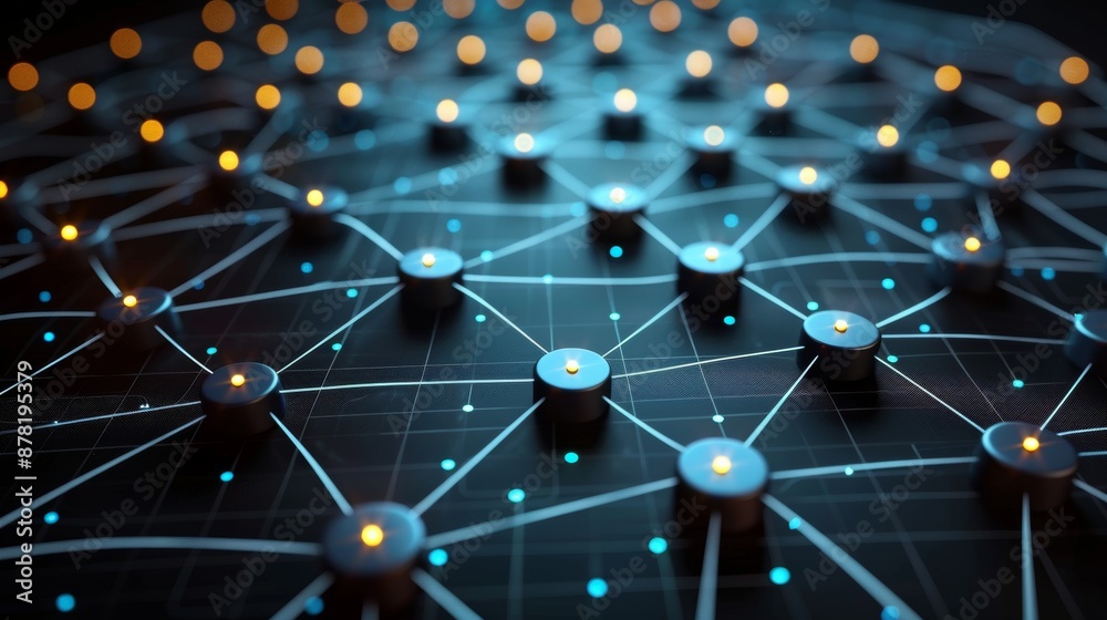 Poster a mesmerizing visualization of a dynamic network with glowing nodes connected by intricate lines, fo