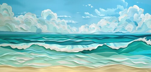 Teal paper art of a tranquil beach scene, capturing the serenity and beauty of the ocean.