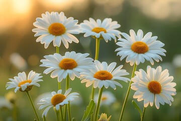 Fototapeta premium Sunny Meadow of Blooming Daisies at Sunset - Perfect for Nature Prints, Greeting Cards, and Summer Designs