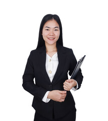 Asian female real estate agent, smiling and holding documents in her hand, wearing a black suit with a white shirt under it