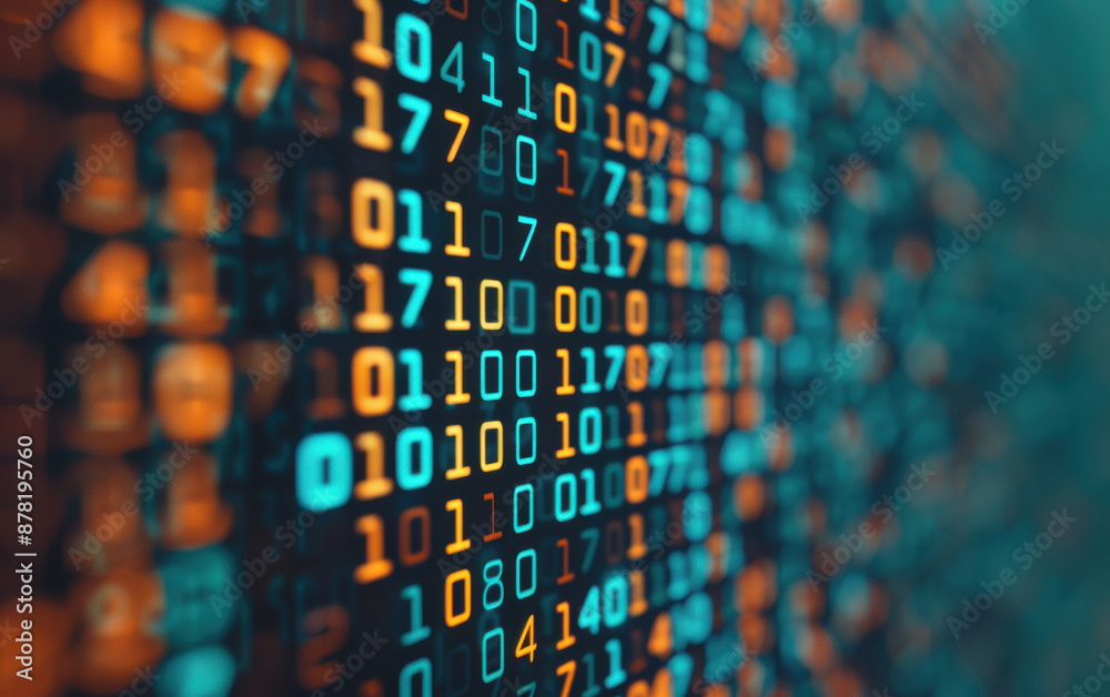 Poster abstract futuristic digital matrix with glowing binary code on a blurred background, representing da